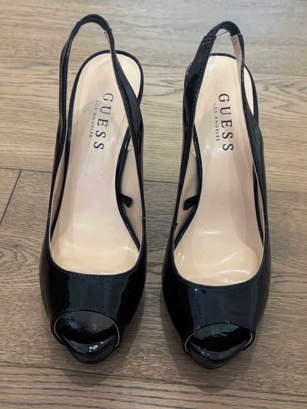 Guess Black Patent Leather Peep-Toe Slingback Heels party date night Y2K chic